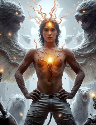 Standing with hands on hips, a shirtless young man summons winged white lions