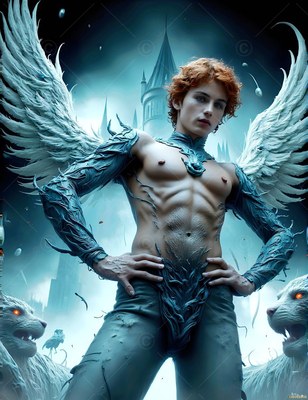Winged shirtless young man standing over white lions by a castle tower