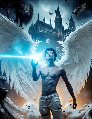 Wearing white pants before a dark castle, a shirtless man with wings casts bright blue light