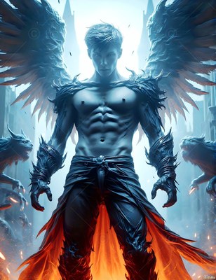 Standing facing forward in a castle hall, a winged shirtless man wears orange cloth