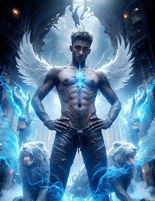In a stone hall, a winged, shirtless man stands between two white lions in blue smoke