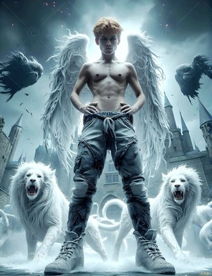 Standing with white wings, a shirtless young man poses before roaring white lions