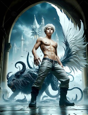 With curly white hair, a shirtless man stands in a stone archway before a pale castle beside a dark beast