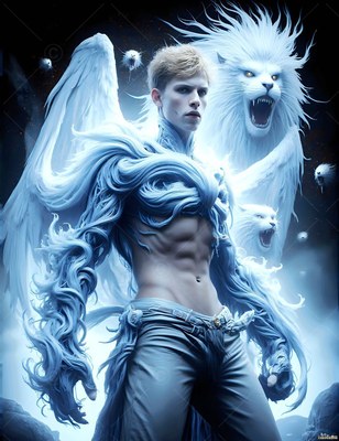 A winged shirtless man stands before roaring white lions in a cool pale blue light