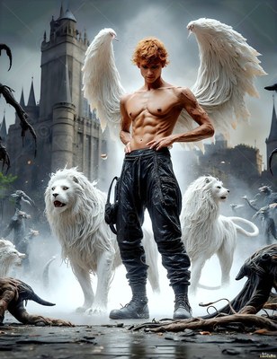 Standing with white wings spread, a shirtless man poses with two white lions before a castle