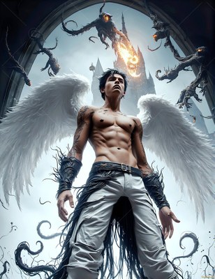 A winged man in white pants stands beneath dark flying beasts