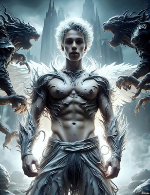 Curly white hair crowns a bare-chested winged man between dark beasts before a castle