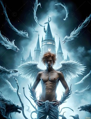 Standing hands on hips before a castle, a winged man looks forward in blue light
