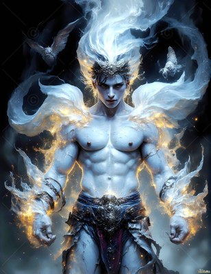 In dark mist, a muscular man stands with white fiery hair and burning light on his arms
