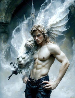 Posing shirtless with hands on his hips, a muscular man summons white smoke lions