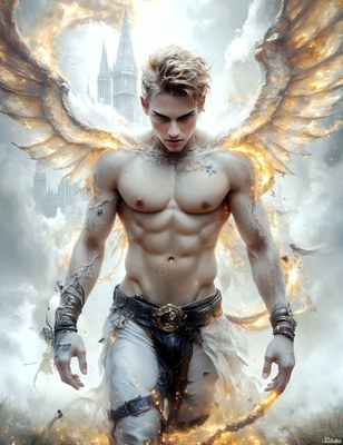 Shirtless blond man with fiery golden wings before a castle