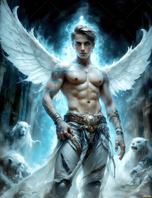 A winged, shirtless man stands with white lions in a haze of bright blue light