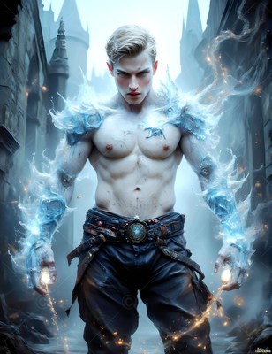 In a stone alley, a shirtless blond man stands with blue light around his arms