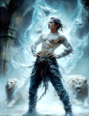 Standing with hands on his hips, a shirtless man poses between two white lions in blue mist