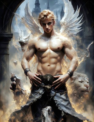 A shirtless winged man stands with white lions before castle spires