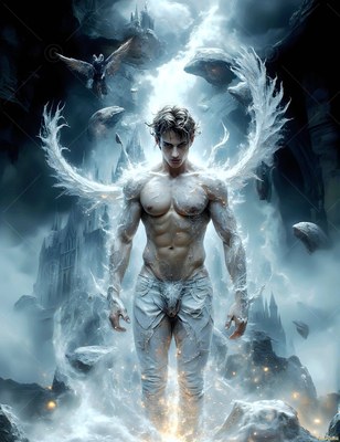 A shirtless winged man walks through mist with pale blue light around him