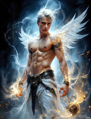 A shirtless man with white angel wings stands in swirls of blue light