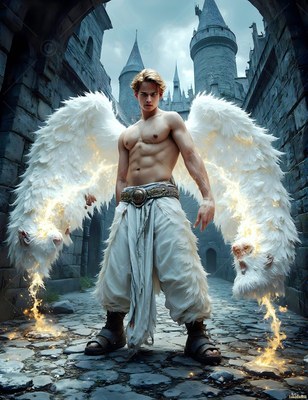In a castle courtyard, a shirtless man with large white wings casts golden sparks