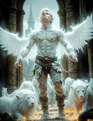 Looking upward, a winged man stands in a stone archway surrounded by white lions