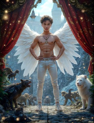 A winged shirtless man stands near a white lion cub by red curtains