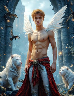 White feathered wings spread from a shirtless young man flanked by two white lions under a stone archway