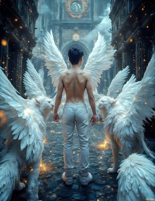 A winged man stands between winged white lions on a stone street lit by warm sparks