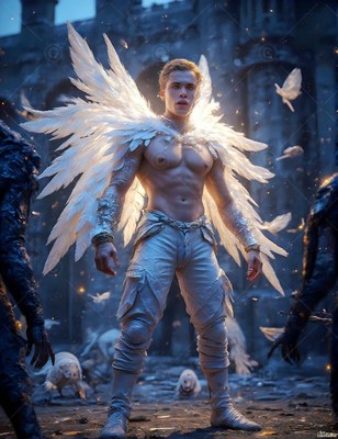 Standing upright outside dark ruins, a winged man wears white trousers