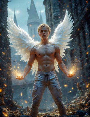 A shirtless winged man holds bright yellow sparks in his hands on a ruined street