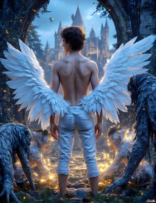 Before a distant castle, a winged shirtless man stands near sparkling beasts