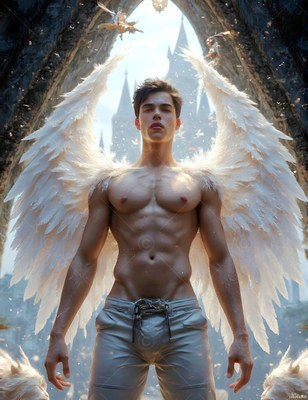 Shirtless winged man standing before a stone archway