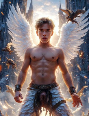 Large white feathered wings spread behind a shirtless man standing outside tall stone castle towers