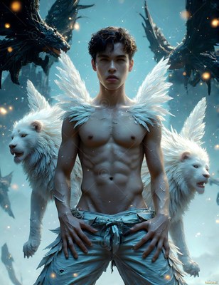 A shirtless man with small white wings stands beside two white lions