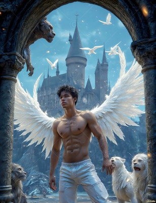 Standing with spread white wings, a shirtless man poses near white lions before a castle
