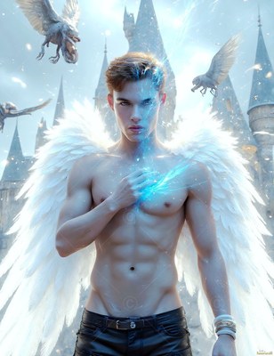 A shirtless young man with white wings in front of a castle tower