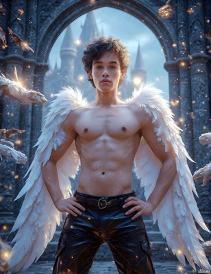 A shirtless winged man in black leather pants stands under a stone archway before a castle