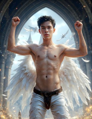 Arms raised, a shirtless winged man stands under a stone archway