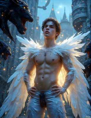 In a stone courtyard, a shirtless man with white feathered wings stands near gargoyles