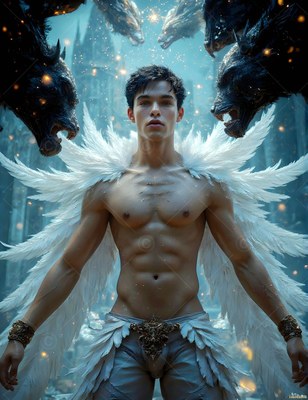 A winged shirtless man stands under dark snarling beasts in a blue castle yard