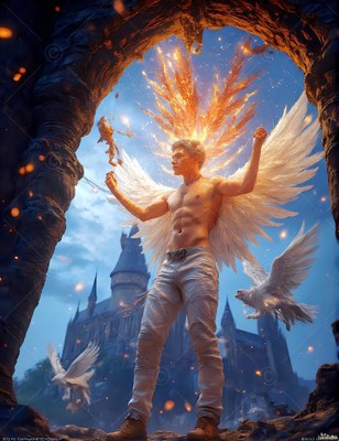 Standing in a stone archway, a shirtless winged man holds fire before a castle