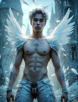 A shirtless man with white feathered wings stands outside a stone castle in soft daylight