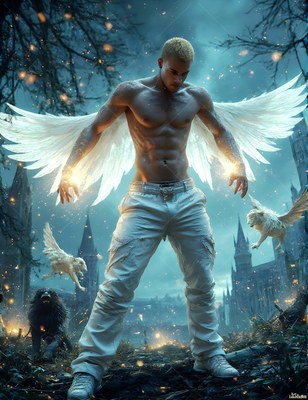 Outside a dark castle, a winged shirtless man in white pants stands in the sparks
