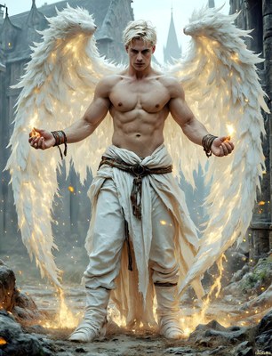 A shirtless man with white feathered wings stands on rocky ground