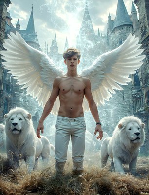 White feathered wings spread from a shirtless young man in white pants between two white lions by a stone castle
