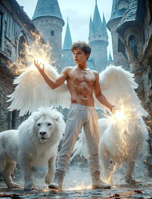 A winged young man clutches sparks in his hands between two white lions by a castle