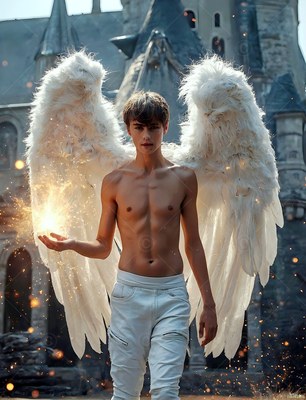 A shirtless young man with white feathered wings holds bright sparks