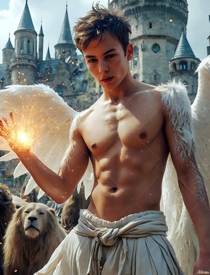 Large feathered wings sprout from a shirtless young man holding sparks outside a stone castle