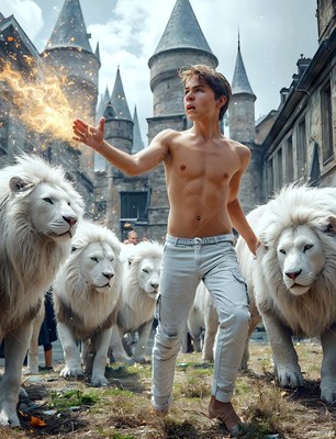 A shirtless young man casts fire from his hand beside white lions in bright daylight