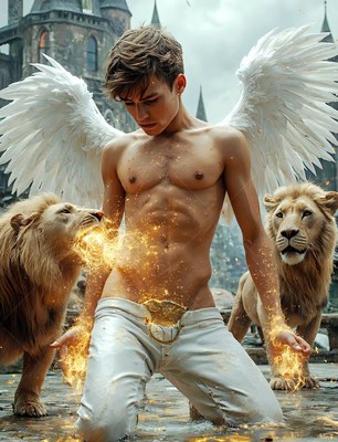 Kneeling with white wings, a shirtless young man summons spark fire beside two lions