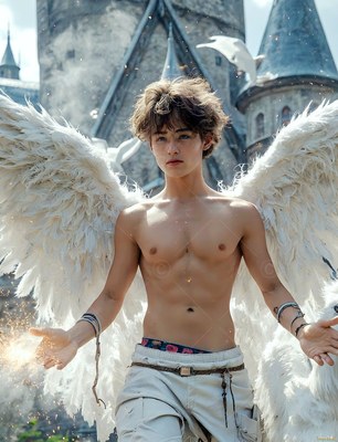 Bare-chested with white feathery wings, a young man stands before stone castle towers under a bright sky