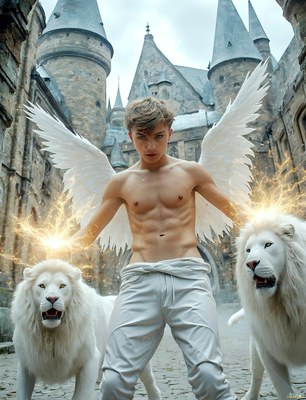 A winged young man stands between two white lions with bright yellow sparks